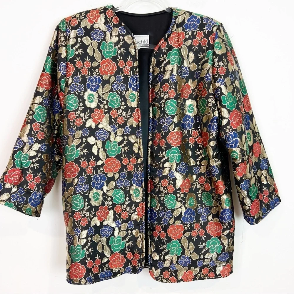 L ROTHSCHILD BLACK GOLD GREEN EMBROIDERED FLORAL VINTAGE BROCADE JACKET MEDIUM - Picture 8 of 8